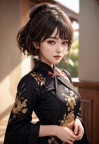 1girl, (masterpiece), ultra-equisite, dark background,  exposure blend, bust shot, bokeh, (hdr:1.4), high contrast, low saturation, ethnic Chinese dress,   blurred_background,