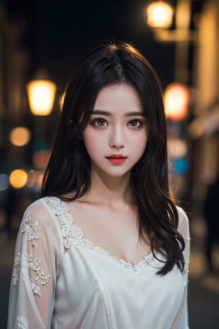 masterpiece, best quality, raw photo, 1girl, trendy hairstyle, bright grey eyes, detailed eyes and face, half body,  cinematic lighting, brim lighting, (dark, night, streets, lamps, blurred background), bokeh, deep shadow, low key, ( exquisite clothing, filigree)