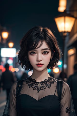 masterpiece, best quality, raw photo, 1girl, short hair, bright grey eyes, detailed eyes and face, half body,  cinematic lighting, brim lighting, (dark, night, streets, lamps, blurred background), bokeh, deep shadow, low key, ( exquisite clothing, filigree)