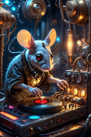 Best quality, hyperdetailed realistic illustration, in the style of "jean-baptise mongue" , a steampunk style "mice" DJ in the night club,  high-detailed, plays DJ instrument so passionly, steampunk style, cyberpunk style, DJ instrument, gears panels,  (DJ headphone:1.2), steampunk neons in background, colorful, sparks, sparkling, joyfull, high_res, hyperdetailed,cyberpunk style
