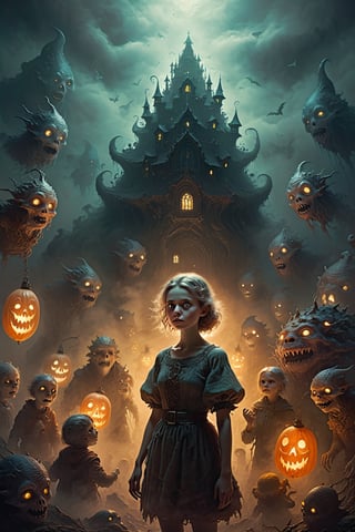 Cute adorable fashionable girl surround by cute monsters and ghosts, eerie yet beautiful, misty land, thick fog, mysterious, fantasy, magic, dark, low light, cinematic, filmic, aesthetic photo, highres,high_detailed,Monster,HellAI
