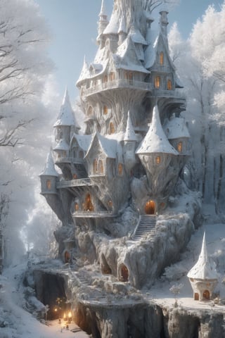 hyper-realistic illustration, in style of alexander jansson and gediminas pranckevicius,  the home of a white wizard in a silver forest in in style of alexander jansson and gediminas pranckevicius, the mystical, magical, hyperdetailed, intricate details, unreal engine, octane render, volumetric lighting, photorealistic  :D