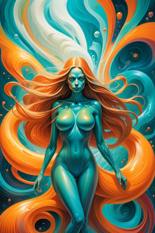 Raw, art illustration, hyperrealistic, style of Alex Grey, (teal and orange), beautiful woman, full body, long hair, breasts, oversized regatta, full-body side woman, saturated colors, psychedelic image, LSD, fractal, tattoo, painted body, bride, body tilted forward, lots of color saturation, woman, vortex, ultra realistic, melting, swirl, xolorful, pastel color,  Leonardo Style,greg rutkowski,Magical Fantasy style,vector art illustration,chibi