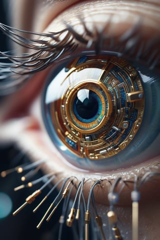 Macro photography of an eye, in which the Irish is made of a thin arrangement of strands of metal, nanotechnology, which forms a high-tech electronic circuit, and the pupil of an eye is made of a robotic sensor, miki asai photo, high_res, cyborg style