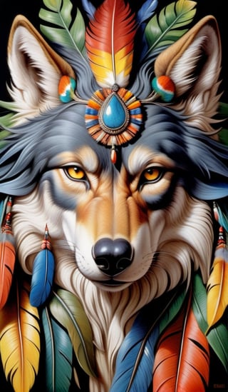 Wolf King,Indigenous style,meditative state,Wolf's hairy body, Looking at the Camera, elegant, hairs with details, with Indian headdress on head, many colorful feathers, colorful feathers,Facing the camera, detail: dense tropical foliage, highly detailed intricate,((mythological animals)),celestial universe, hyper-realistic, Masterpiece,by Tim Hildebrandt, vintage, antique prints
