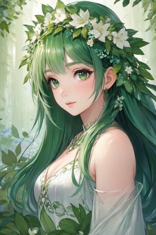 portrait, solo, upper body, looking at viewer, detailed background, detailed face, 1girl, nymph, ethereal, nature-inspired, almond-shaped face shape, emerald eye color, cascading green hair, leafy attire, floral crown, serene expression, mystical feeling of the image.