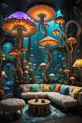 UnderwaterStyle, colorful, mushroomfantasy living room, (bedroom, table, sofa, lamps,) night,lights, low light,, vivid, high_res,beyond_the_black_rainbow,mushroomfantasy