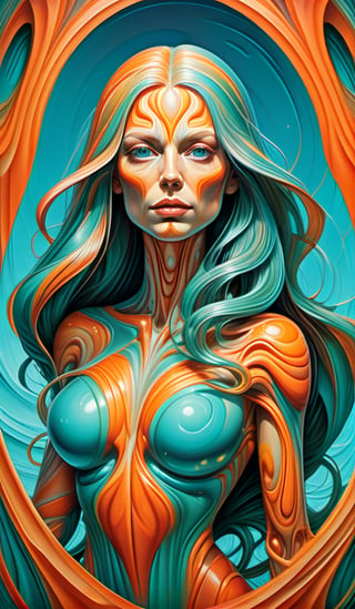 Raw, art illustration, hyperrealistic, style of Alex Grey, (teal and orange), beautiful woman, full body, long hair, breasts,  regatta, full-body side woman, saturated colors, psychedelic image, LSD, fractal, tattoo, painted body, bride, body tilted forward, lots of color saturation, intricated line, woman, vortex, ultra realistic, melting, swirl, xolorful, pastel color,  Leonardo Style,greg rutkowski,Magical Fantasy style,vector art illustration,chibi