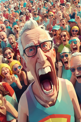 3d toon style, 3d render style,detailed, mass laughing at beach, weird old man laughing, weird face, big teeth, crowds, crowd, laugh, high_res