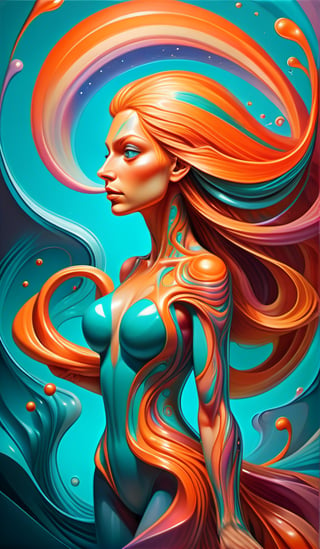 Raw, art illustration, hyperrealistic, style of Alex Grey, (teal and orange), beautiful woman, full body, long hair, breasts,  regatta, full-body side woman, saturated colors, psychedelic image, LSD, fractal, tattoo, painted body, bride, body tilted forward, lots of color saturation, intricated line, woman, vortex, ultra realistic, melting, swirl, xolorful, pastel color,  Leonardo Style,greg rutkowski,Magical Fantasy style,vector art illustration,chibi