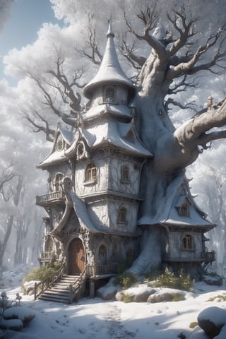 hyper-realistic illustration, in style of alexander jansson and gediminas pranckevicius,  the home of a white wizard in a silver forest in in style of alexander jansson and gediminas pranckevicius, the mystical, magical, hyperdetailed, intricate details, unreal engine, octane render, volumetric lighting, photorealistic  :D