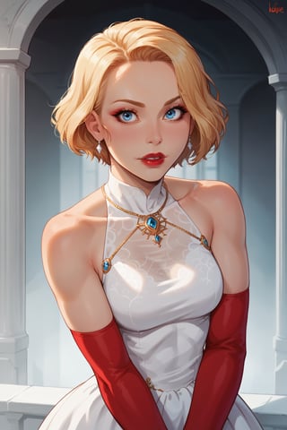1girl, solo, looking at viewer, upper body, short hair, blue eyes, blonde hair, gloves, dress, jewelry, standing, sleeveless, elbow gloves, white dress, makeup, sleeveless dress, lipstick, red gloves, red lips