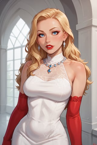 1girl, solo, looking at viewer, upper body, long hair, blue eyes, blonde hair, gloves, dress, jewelry, standing, sleeveless, elbow gloves, white dress, makeup, sleeveless dress, lipstick, red satin gloves, red lips