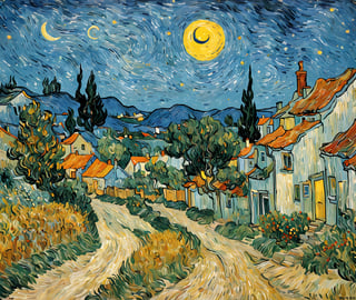 (((star and moon sky))),poor detail,summer night in a small village,art by van gogh,