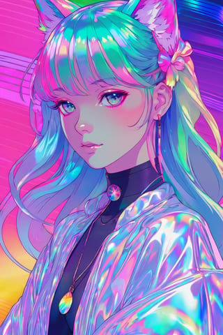 1girl ,solo,beautiful, flowing rainbow colored holographic background. vapor wave, candystyle,Detailedface,r1ge,candystyle,FilmGirl,Spirit Fox Pendant,beautymix,Flat Design,Yae Miku