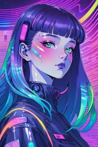 1girl ,solo,beautiful, flowing rainbow colored holographic background. vapor wave, candystyle,Detailedface,cyberpunk style