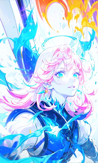 1girl, 16k, white skin,pink hair, super detailed, futuristic, masterpiece,detailed face, complex_background, detailed face, beautiful detailed eyes), High contrast, (best illumination, an extremely delicate and beautiful),dynamic pose, warzone,blue flames, glow, glowing weapon, light particles, long white hair, BLUE  FIRE,scenery,RED FIRE GREEN FIRE BLUE FIRE PURPLE FIRe,candystyle