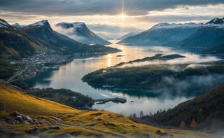 epic unbeatable masterpiece, dslr professional photography award winner , between the impressive norway mountains, fully of mist and heavy foliage forest, can see the far away old vapor machine of large ancient train, hanoi, that is going down the tracks near the water, norway fjord, incredible norway landscape of a Norwegian fjord, where the deep blue water meets the green and steep mountains. The sky is cloudy, but the sun filters through the clouds, creating a dramatic effect of light and shadow. In the foreground, you can see a small waterfall that falls on some rocks. The image is taken from a high point, which allows you to appreciate the beauty and majesty of the fjord. , ultradetailed, vivid sharpness, epic depth field, we are over the norway mountains, its an amazing beautiful autum misty norwegian landscape, impressive, intimidate nordic landscape, impressive sharpness, ,uted colors, extremely accurate and detailed intricate photography, norway misteria fjords in background, vivid shadows, sombre day, atmospheric view, like the lord of the rings , majestic nature scenery,realistic masterpiece photography, drone view ,reverse upright straddle