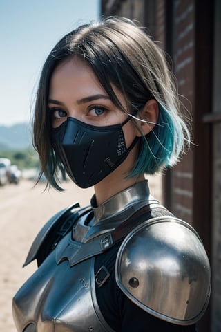 centered, upper body, award winning upper body portrait, (detailed face), (beautiful detailed eyes:1.2), (glowinig eyes:1.2), (aura:1.1), | solo, knight woman, short hair, aqua hair color, light blue eyes, (black knight tight armor), (iron plate mouth mask:1.2), | symetrical and detailed armor, | fantasy town, medieval, european street, | bokeh, depht of field, | hyperealistic shadows, smooth detailed, blurred background, (sci-fi), (mountains:1.1), (two moons in sky:0.8), (highly detailed, hyperdetailed, intricate), (lens flare:0.7), (bloom:0.7), particle effects, raytracing, cinematic lighting, shallow depth of field, photographed on a Sony a9 II, 50mm wide angle lens, sharp focus, cinematic film still from Gravity 2013,