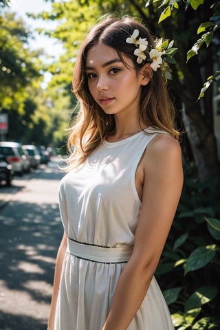 Candid shot of a pretty young blonde activist, who is wearing a dress made of leaves, in the midst of a Save Nature rally, full body portrait, natural light, wide angle, hard lighting, fluttering leaves, detailed and textured skin, determined look on her face, flowers in her hair, photo realistic, all in a RAW format shot with an iPhone, ideal for Instagram photography.