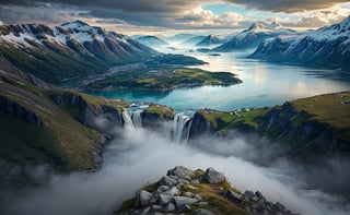 epic unbeatable masterpiece, dslr professional photography award winner , between the impressive norway mountains, fully of mist and heavy foliage forest, can see the far away old vapor machine of large ancient train, hanoi, that is going down the tracks near the water, norway fjord, incredible norway landscape of a Norwegian fjord, where the deep blue water meets the green and steep mountains. The sky is cloudy, but the sun filters through the clouds, creating a dramatic effect of light and shadow. In the foreground, you can see a small waterfall that falls on some rocks. The image is taken from a high point, which allows you to appreciate the beauty and majesty of the fjord. , ultradetailed, vivid sharpness, epic depth field, we are over the norway mountains, its an amazing beautiful autum misty norwegian landscape, impressive, intimidate nordic landscape, impressive sharpness, ,uted colors, extremely accurate and detailed intricate photography, norway misteria fjords in background, vivid shadows, sombre day, atmospheric view, like the lord of the rings , majestic nature scenery,realistic masterpiece photography, drone view ,reverse upright straddle