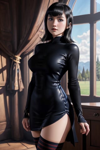 masterpiece, photo realistic, incredible young woman  mavis dracula,  incredible face, big blue eyes, ruborized, black dress, striped thighhighs, perfect body, epic resolution, epic realism, epic quality, 