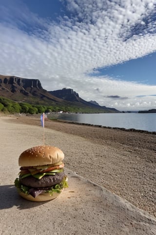 (obra maestra, calidad superior, La mejor calidad, hermosas y estéticas:1.2), extremadamente detallado, más alto detalle,Humburger,foto de hamburguesa, fondo blanco, paisaje, sombra, montañas, agua, árboles