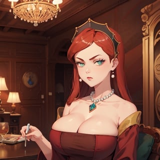 red_hair, green_eyes, Hilda_aiwaifu, CARTOON_jessica_rabbit_aiwaifu, big_breast, ,Hilda_aiwaifu,  luxury, big_room, luxurious furniture,CARTOON_jessica_rabbit_aiwaifu