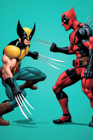 figure of Wolverine and Deadpool, head, legs, feet, teal dimentional background, high-res