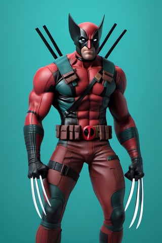 figure of Wolverine, Deadpool, head, legs, feet, teal dimentional background, high-res