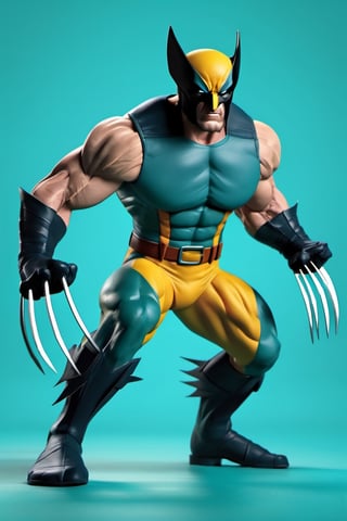figure of Wolverine, head, legs, feet, teal dimentional background, high-res