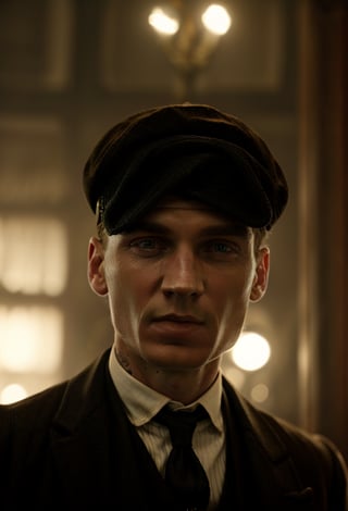 color photo of Thomas Shelby, the charismatic and ruthless leader of the Peaky Blinders black