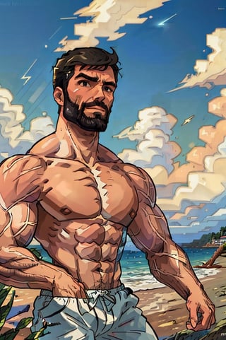 Highly detailed, High Quality, Masterpiece, beautiful, DrakePostingMeme, , 1boy, upper body, gigachad, in the beach,LightningPunkAI anime zoomed ,gigachad,paper_cut,xjrex colorful ultra realistic ,pixel_art,xjrex , muscular body
