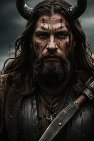 A close-up shot of a fierce Viking King, covered in dripping wet black mud, wearing a dark metal helmet with imposing black horns. His dark warpaint and scruffy black beard emphasize his angry expression, while a scar on his face tells a story of battles fought. The scene is bathed in cinematic lighting with dramatic volumetric rays, creating a moody and intense atmosphere. The Viking King grips his menacing Viking Axe
