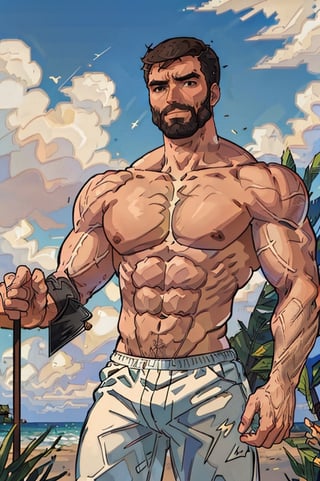 Highly detailed, High Quality, Masterpiece, beautiful, DrakePostingMeme, , 1boy, upper body, gigachad, in the beach,LightningPunkAI anime zoomed ,gigachad,paper_cut,xjrex colorful ultra realistic ,pixel_art,xjrex , muscular body
