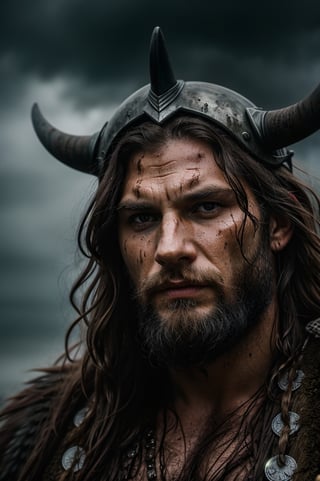 A close-up shot of a fierce Viking King, covered in dripping wet black mud, wearing a dark metal helmet with imposing black horns. His dark warpaint and scruffy black beard emphasize his angry expression, while a scar on his face tells a story of battles fought. The scene is bathed in cinematic lighting with dramatic volumetric rays, creating a moody and intense atmosphere. The Viking King grips his menacing Viking Axe
