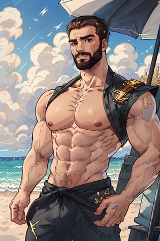 Highly detailed, High Quality, Masterpiece, beautiful, DrakePostingMeme, , 1boy, upper body, gigachad, in the beach,LightningPunkAI anime zoomed ,gigachad,paper_cut,xjrex colorful ultra realistic ,pixel_art,xjrex , muscular body
