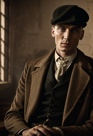 color photo of Thomas Shelby, the charismatic and ruthless leader of the Peaky Blinders 