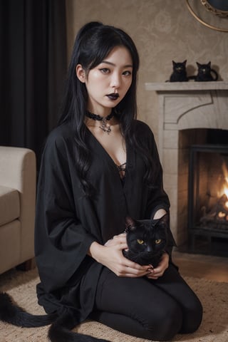 Korean sister, (goth:1.3),pale skin, knealing, brooding, (holding) lump of coal, livingroom,realhands,black cats,four_fingers,satanic,realistic