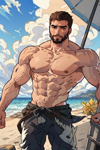 Highly detailed, High Quality, Masterpiece, beautiful, DrakePostingMeme, , 1boy, upper body, gigachad, in the beach,LightningPunkAI anime zoomed ,gigachad,paper_cut,xjrex colorful ultra realistic ,pixel_art,xjrex , muscular body
