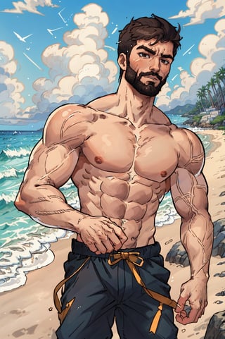 Highly detailed, High Quality, Masterpiece, beautiful, DrakePostingMeme, , 1boy, upper body, gigachad, in the beach,LightningPunkAI anime zoomed ,gigachad,paper_cut,xjrex colorful ultra realistic ,pixel_art,xjrex , muscular body
