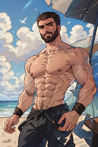 Highly detailed, High Quality, Masterpiece, beautiful, DrakePostingMeme, , 1boy, upper body, gigachad, in the beach,LightningPunkAI anime zoomed ,gigachad,paper_cut,xjrex colorful ultra realistic ,pixel_art,xjrex , muscular body
