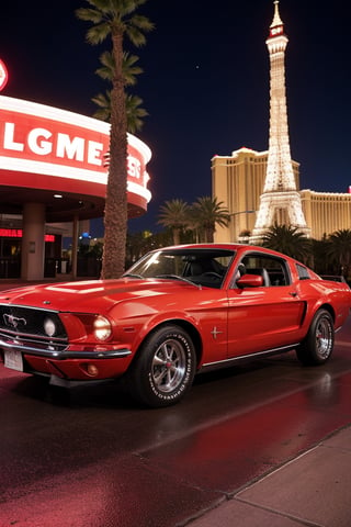 Photo of a classic red mustang car parked in las vegas strip at night,SD 1.5