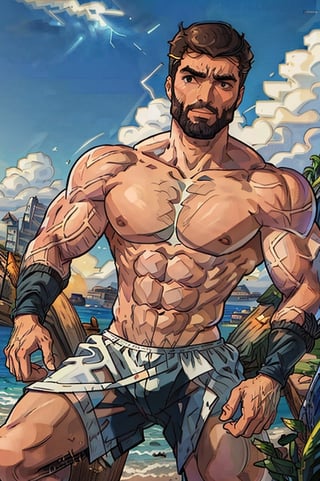 Highly detailed, High Quality, Masterpiece, beautiful, DrakePostingMeme, , 1boy, upper body, gigachad, in the beach,LightningPunkAI anime zoomed ,gigachad,paper_cut,xjrex colorful ultra realistic ,pixel_art,xjrex , muscular body
