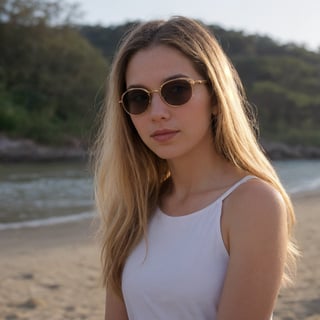 "A photorealistic portrait of a 25-year-old American girl with long, flowing blonde hair and striking blue eyes with sunglass Wearing white t-Shart. She should have a natural, approachable expression and be illuminated by soft, golden-hour sunlight. The background should be a scenic outdoor setting, perhaps a sunlit beach. Capture this image with a high-resolution photograph using an 85mm lens for a flattering perspective." ,SD 1.5