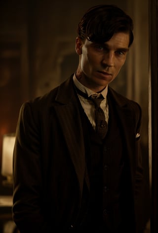 color photo of Thomas Shelby, the charismatic and ruthless leader of the Peaky Blinders 