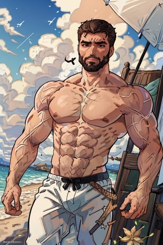 Highly detailed, High Quality, Masterpiece, beautiful, DrakePostingMeme, , 1boy, upper body, gigachad, in the beach,LightningPunkAI anime zoomed ,gigachad,paper_cut,xjrex colorful ultra realistic ,pixel_art,xjrex , muscular body
