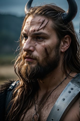 A close-up shot of a fierce Viking King, covered in dripping wet black mud, wearing a dark metal helmet with imposing black horns. His dark warpaint and scruffy black beard emphasize his angry expression, while a scar on his face tells a story of battles fought. The scene is bathed in cinematic lighting with dramatic volumetric rays, creating a moody and intense atmosphere. The Viking King grips his menacing Viking Axe
