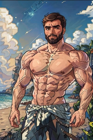 Highly detailed, High Quality, Masterpiece, beautiful, DrakePostingMeme, , 1boy, upper body, gigachad, in the beach,LightningPunkAI anime zoomed ,gigachad,paper_cut,xjrex colorful ultra realistic ,pixel_art,xjrex , muscular body
