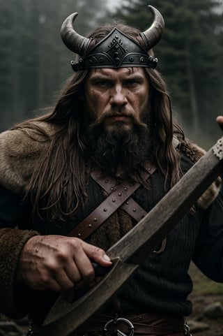 A close-up shot of a fierce Viking King, covered in dripping wet black mud, wearing a dark metal helmet with imposing black horns. His dark warpaint and scruffy black beard emphasize his angry expression, while a scar on his face tells a story of battles fought. The scene is bathed in cinematic lighting with dramatic volumetric rays, creating a moody and intense atmosphere. The Viking King grips his menacing Viking Axe
